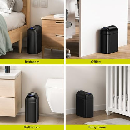 EKO Astro Slim Sensor Trash Can, 10L / 2.6 Gallon Touchless Garbage Bin with Soft-Close Retractable Wing Lid, Motion Sensor Stainless Steel Trash Can for Bathroom and Office, Waterproof, Black - size: Astro 10L-Matte Black