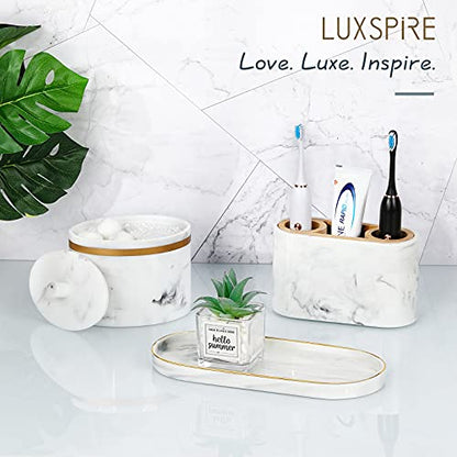Luxspire 9.8" Bathroom Vanity Tray Marble Ceramic Dresser Jewelry Dish | M, non-slip waterproof resin, easy wipe clean, fits bath kitchen vanity, holds jewelry toiletries soap - color: Marble White+gold, style: Small