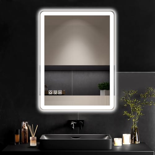24"x32" LED Bathroom Vanity Mirror with Lights, Anti-Fog, Dimmable, Lighted Bathroom Mirror for Wall, Rounded-Corner, Memory Function, 5mm Shatter-Proof Tempered Glass, Backlit & Front Lit - color: Beige