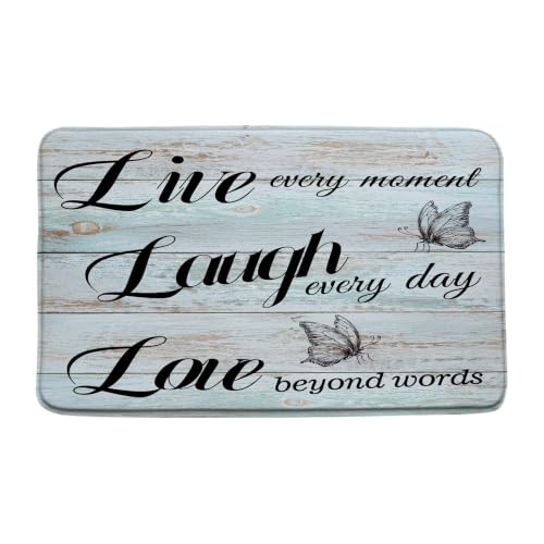 Live Laugh Love Bath Mat Rustic Teal Wooden Board Butterflies Inspirational Quotes Positive Motto Phrase Bathroom Kitchen Toilet Rugs,16x24 Inch - size: 1'4" x 2' (Rectangular)