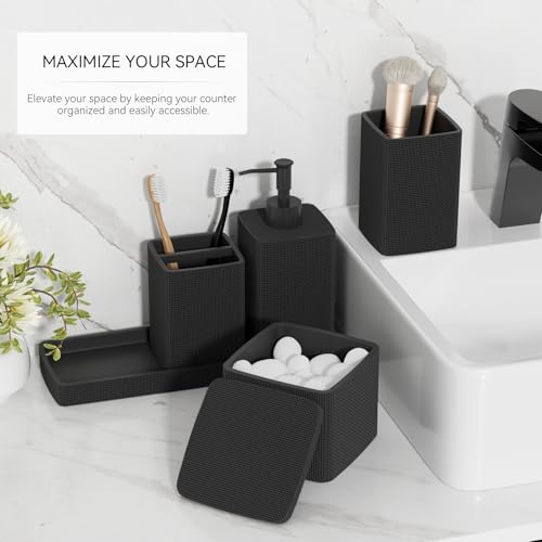 Matte Black Bathroom Accessories Set 5 Pieces, Resin Toothbrush Holders Set Complete with Soap Dispenser, Toothbrush Holder, Vanity Tray, Bathroom Tumbler and Qtip Holder for Small Spaces - size: 5 Pcs Bathroom Set, style: Black