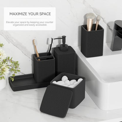 Matte Black Bathroom Accessories Set 5 Pieces, Resin Toothbrush Holders Set Complete with Soap Dispenser, Toothbrush Holder, Vanity Tray, Bathroom Tumbler and Qtip Holder for Small Spaces - size: 5 Pcs Bathroom Set, style: Black