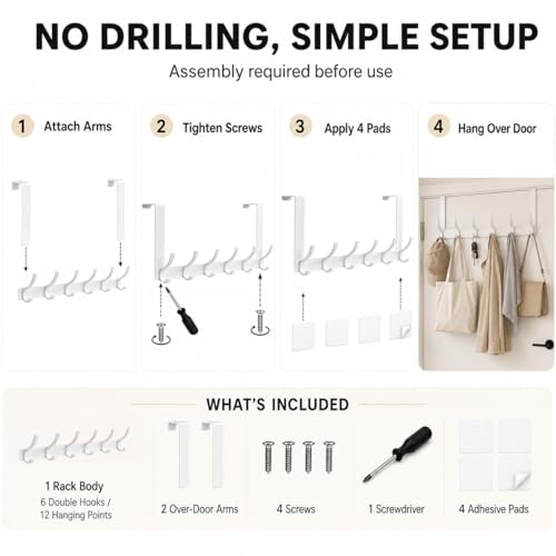 Peasulin 2 Pack Over The Door Hooks, Sturdy Door Hanger, Large Over The Door Towel Rack with 12 Hooks, Heavy Duty Easy to Install, for Bathroom, Bedroom，Kitchen，Hanging Towels, Coats (White) | for 1-3/4" Doors, 7.4" Arms, 6 Double Hooks with 12 Hanging Po