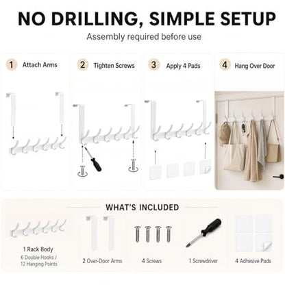 Peasulin 2 Pack Over The Door Hooks, Sturdy Door Hanger, Large Over The Door Towel Rack with 12 Hooks, Heavy Duty Easy to Install, for Bathroom, Bedroom，Kitchen，Hanging Towels, Coats (White) | for 1-3/4" Doors, 7.4" Arms, 6 Double Hooks with 12 Hanging Po