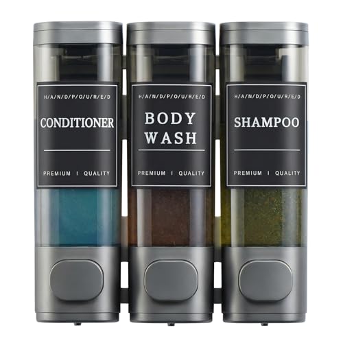 Shampoo and Conditioner Dispenser,Shower Soap Dispenser 3 Chamber No Drill Wall-Mounted for Bathroom & Hotel Leak-Proof Pumps, for Thick Liquids Like Conditioner - 1050ML High Capacity, Gun Gray - color: Gun Gray
