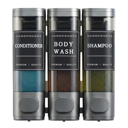 Shampoo and Conditioner Dispenser,Shower Soap Dispenser 3 Chamber No Drill Wall-Mounted for Bathroom & Hotel Leak-Proof Pumps, for Thick Liquids Like Conditioner - 1050ML High Capacity, Gun Gray - color: Gun Gray