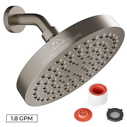 Rainfall Shower Head - 6" High Pressure, 1.8 GPM, Chrome Finish, ABS Plastic, 360 Adjustable, Anti-Clog Rubber Jets - color: Brushed Nickel, size: California 1.8 GPM, 6 Inch Diameter