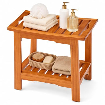 Simple Deluxe Teak Shower Bench, 18" Wood Shower Bench with Shelf, Waterproof Shower Stool for Inside Shower, Bath Chair for Bathroom, Tubs & Outdoor Use, 250LBS - size: 18"