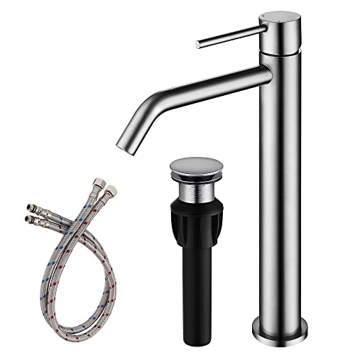 Vessel Sink Faucet Brushed Nickel, JXMMP Bathroom Sink Faucets Without Overflow Pop Up Drain and Water Faucet Supply Lines, Stainless Steel SpotShield Bathroom Faucet for Sink 1 Hole, JXM1001BN - color: Brushed Nickel, size: Tall Faucet