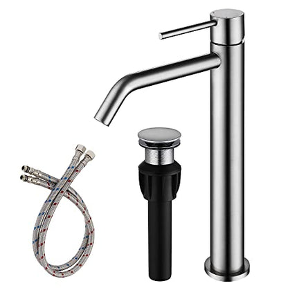 Vessel Sink Faucet Brushed Nickel, JXMMP Bathroom Sink Faucets Without Overflow Pop Up Drain and Water Faucet Supply Lines, Stainless Steel SpotShield Bathroom Faucet for Sink 1 Hole, JXM1001BN - color: Brushed Nickel, size: Tall Faucet