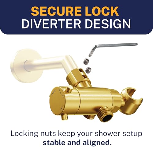 HammerHead Showers® Solid Metal 3 Way Shower Diverter Valve with Shower Head Holder — Universal Splitter To Connect Handheld Spray Wand And Rain Showerhead to Shower Arm Mount — Brushed Gold - color: Brushed Gold