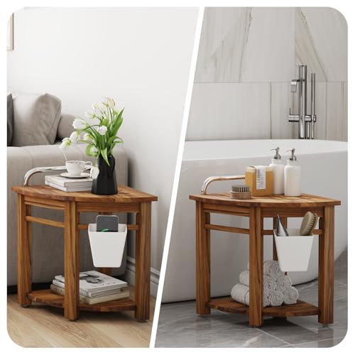 Kiasthome Teak Corner Shower Bench, Waterproof Bathroom Teak Shower Bench, Sturdy Non-Slip Bath Shower Foot Stool for Shaving Legs with Storage Baskets and Shelves - size: Large