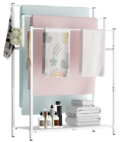 Mondazie 44” Free Standing Towel Racks for Bathroom Towel Storage, White | 3 Tier Oversized Pool Towel Drying Rack Outdoor, Blanket Ladder Holder with Shelf & 6 Hooks for Bedroom Living Room Poolside - color: White
