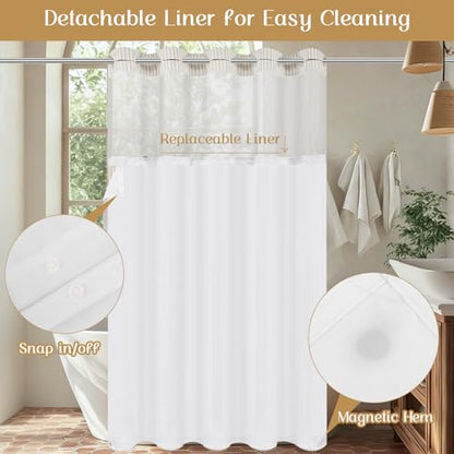 ASPMIZ Farmhouse Striped Shower Curtain and Liner Set No Hook, Beige 71x74 | No Hook Shower Curtain with Snap in Liner Fabric, Rustic Washable Waterproof Bathroom Curtains with Button, Mesh Top Window - color: Beige Striped, size: 71"W x 74"L (Pack of 1),