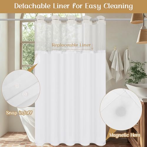 ASPMIZ Farmhouse Striped Shower Curtain and Liner Set No Hook, Beige 71x86 | No Hook Shower Curtain with Snap in Liner Fabric, Rustic Washable Waterproof Bathroom Curtains with Button, Mesh Top Window - color: Beige Striped, size: 71"W x 86"L (Pack of 1),