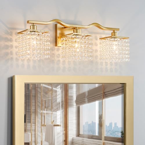 WUZUPS 3-Light Bathroom Light Fixture Over Mirror Morden Vanity Wall Sconces Light Clear Crystal Drop for Bedroom Living Room, E12 Base, Gold - color: Gold Wall light