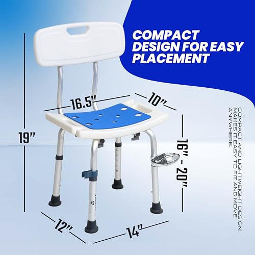 Shower Chair for Inside Shower With Soap box - Height Adjustable Shower Chair for Elderly and Disabled with Removeable Back & Enhanced Non-Slip Feet - Lightweight Aluminum Construction - Blue