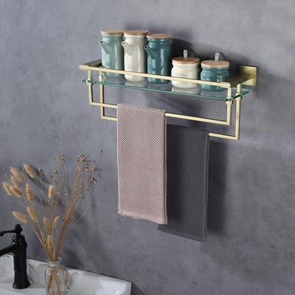 LANC Bathroom Glass Shelf with Towel Bars 20-Inch Floating Tempered Glass Shelves with 2 Towel Rails Brushed Gold Cologne Shelf for Men Shower Bath Storage Glass Rack Wall Mount Heavy Duty，A7617BG - color: Brushed Gold