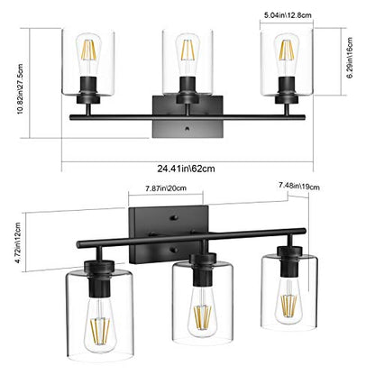 Aipsun 3 Lights Black Vanity Light Fixtures Over Mirror with Clear Glass Shades Industrial Wall Light Fixture for Bathroom(Exclude Bulb) - size: 24.4 inch