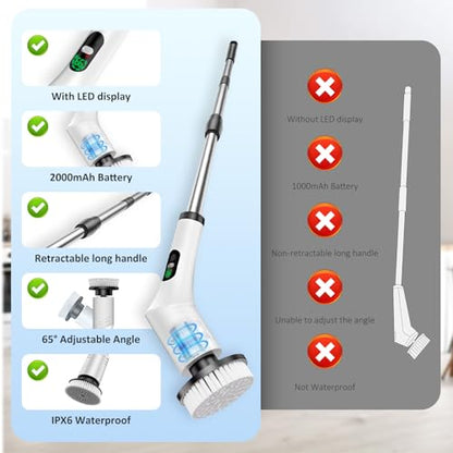 Electric Spin Scrubber, Bathroom Scrubber, Cordless Shower Cleaner Brush, 9 Replaceable Brush Heads, 2-Speed Adjustable, 2000mAh Battery, for Shower Tub Kitchen Tile Toilet