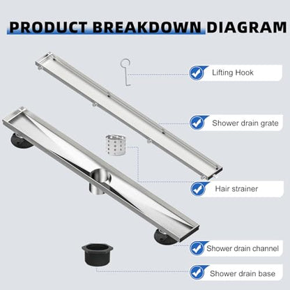 Linear Shower Drain 24 inch Brushed with Tile Insert Grate | AISI 304 Stainless Steel Brushed Linear Drain Rectangle Shower Floor Drain with Hair Strainer and Leveling Feet - color: Silver, size: 24 inch