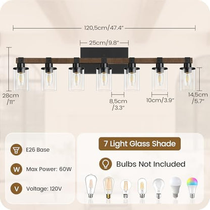 7-Light Bathroom Light Fixture, Farmhouse Vanity Lights for Bathroom with Glass Shade, Rustic Bathroom Light Fixtures, E26 Base F16BD05 - size: 7-Light