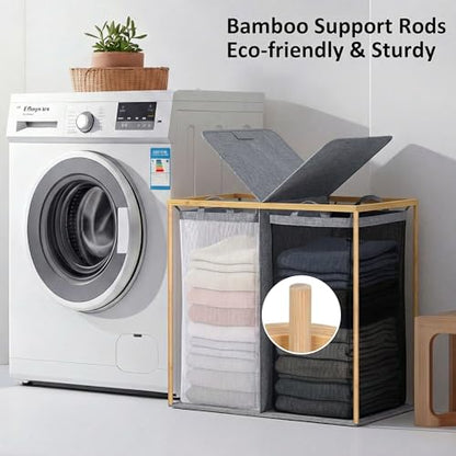 efluky Laundry Hamper with Lid, Double Laundry Basket with 2 Removable Bags, 2 Section Laundry Bin with Bamboo Handles for Bathroom, Bedroom & Laundry Room, 140L (36.9 Gallon) Blue Grey - color: Blue Grey, size: 140L Dual