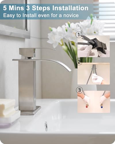 Brushed Nickel Bathroom Faucet Single Handle, Brass Waterfall Bathroom Sink Faucet 1 Hole or 4 Inch 3 Hole Bathroom Faucets with Deck Plate & Pop-up Drain Supply Hose for Lavatory No Splashing - color: Brushed Nickel - Traditional