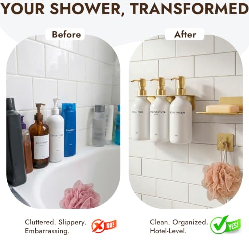 Shampoo and Conditioner Dispenser Set with Soap Dish & Towel Hook, Gold