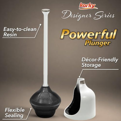 Korky White Toilet Plunger and Holder – Fast Clog Removal - Made in USA - color: White