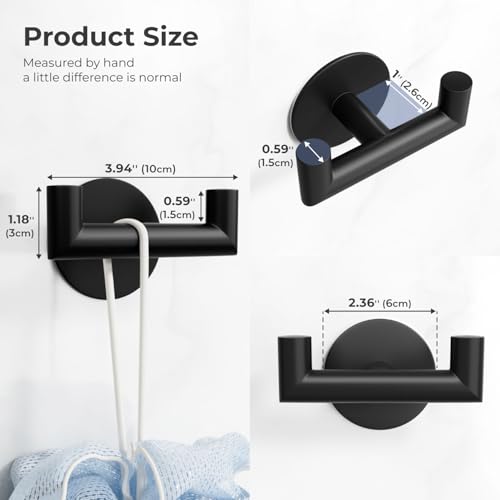 GWAAZXGZ 2 Pack Black Bathroom Hooks for Towels, Robes, Coats, Shower Use | Self-Adhesive, Stainless Steel, Rust Resistant, Double hooks, Easy Install, Space Saving - color: Black