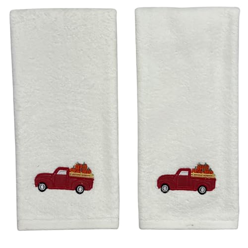 Serafina Home Farmhouse Fall Hand Towels for Bathroom: Ivory Vintage Truck Carrying Pumpkins Design, 100% Cotton, 2 Piece Set, 16" x 25 (Red Truck) - color: Red Truck