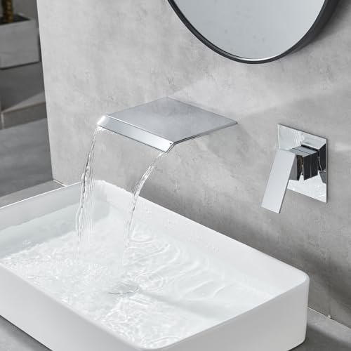 DASAN Wall Mount Waterfall Bathroom Faucet Polished Chrome in Wall Sink Faucet, Single Handle Wall Mounted Modern Faucet for Bathroom with Upgraded Rough in Valve, DA-TFD3CH-NH - color: Polished Chrome