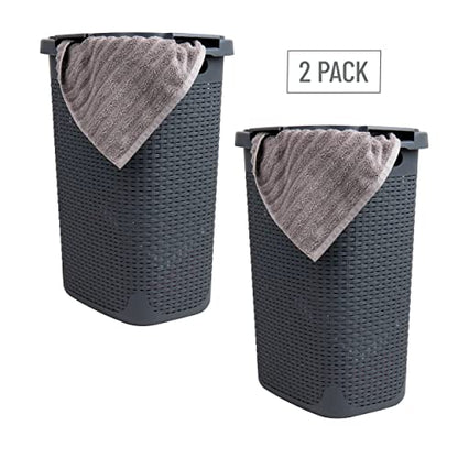 Mind Reader 60L Slim Laundry Hamper, Clothes Basket, Lid, Wicker Style, Plastic, 17.65"L x 13.75"W x 24.15"H, Set of 2, Gray - color: Gray, size: 2-Pack