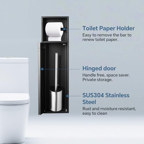 Recessed Toilet Paper Holder Plus Toilet Brush Storage,Black | Inner size 6*23.38*4.94in (L*H*D), Built-in Toilet Paper Dispenser, Modern and Space-saving, Includes Toilet Brush