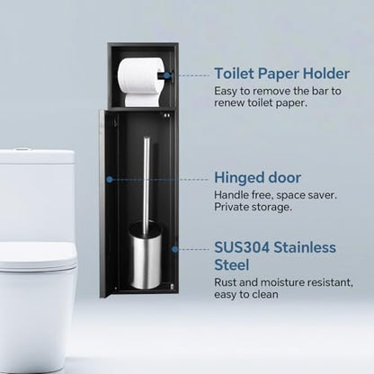 Recessed Toilet Paper Holder Plus Toilet Brush Storage,Black | Inner size 6*23.38*4.94in (L*H*D), Built-in Toilet Paper Dispenser, Modern and Space-saving, Includes Toilet Brush