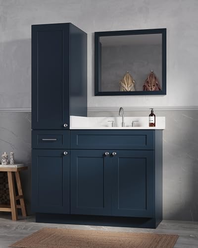 45" Bathroom Vanity with Linen Storage Tower, Carrara Quartz Top and Ceramic Sink, Left or Right Side Option, Solid Wood Frame, 46" x 22" x 72" (Navy Blue, Left Tall Cabinet) - color: Navy Blue