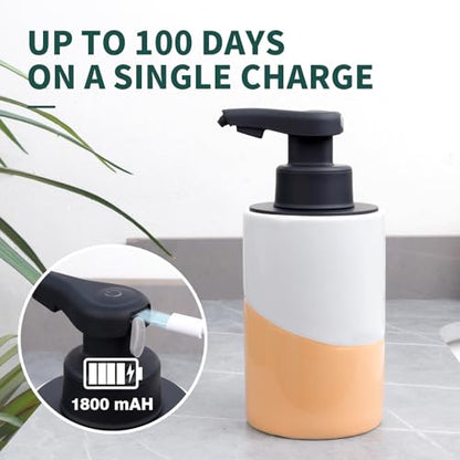 BosilunLife Automatic Soap Dispenser Ceramic Hand Free Soap Dispenser with Waterproof Pump Rechargeable Smart Electric Soap Lotion Dispenser Touchless for Kitchen Bathroom (White-Orange, Foam Pump) - color: White-orange(foam)