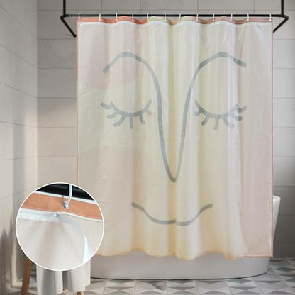 Gentle Smiling Face Linen Shower Curtain Set with Liner,72" Wx72 L | Double Layer Shower Curtain Waterproof Fabric with Zippered Removable PEVA Liner,Boho Shower Curtain for Bathroom,Free Hooks - color: Abstract Face