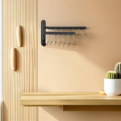 OSALADI Wall Mounted Utility Rack with 2-Tier Stainless Steel Multi Bar and 360° Rotating Arms, Black Clothes Drying Rack with No-Drill Installation and Strong Loadbearing for Laundry