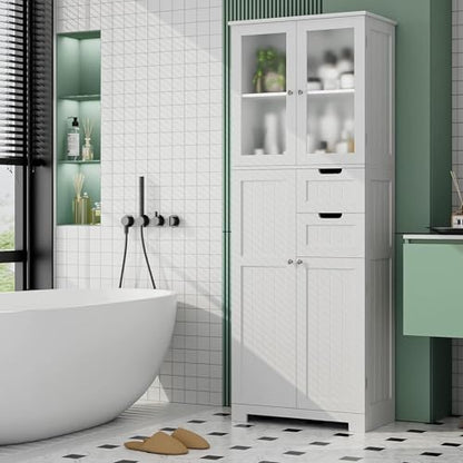 BOTLOG 67'' Tall Bathroom Storage Cabinet, Linen Cabinet with Glass Doors and Adjustable Shelves, Kitchen Pantry with 2 Drawers for Bathroom, Living Room, Dining Room, White | Frosted Glass Doors, Wood Drawers, Kitchen Pantry, Line Cabinet for Bathroom, L