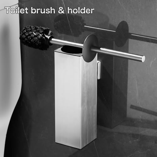 Toilet Brush Set, Brushed Wall-Mounted Toilet Brush Holder | Square Stainless Steel Toilet Brush for the Bathroom—Drill-Hole Installation, Long Handle with Splash-Proof Plastic Cover - color: Brushed
