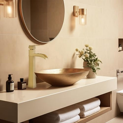 Brass Vessel Sink Faucets, Brushed Gold Tall Bathroom Faucet Single Handle, 1 Hole Bathroom Sink Faucet Waterfall Farmhouse Single Faucet Bathroom Sink with Pop-Up Drain & Pre-Installed Hoses - color: Brushed Gold - Elegant