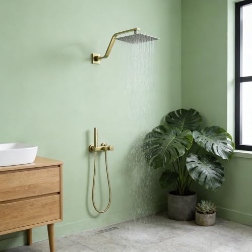 16 Inch S Shape Brushed Gold Shower Head Arm, Square Wall Mounted Shower Arm and Flange Included - color: Brushed Gold