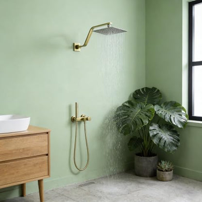16 Inch S Shape Brushed Gold Shower Head Arm, Square Wall Mounted Shower Arm and Flange Included - color: Brushed Gold
