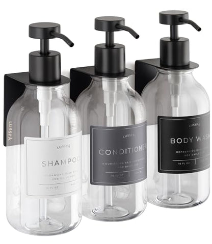 Shower Shampoo Dispenser Wall Mounted – 3 Refillable 16.9 oz Clear Bottles with Stainless Steel Pumps & No-Drill Adhesive Holders – Soap Dispenser Set for Bathroom (3 X Clear/Black) - color: 3 X Clear/Black