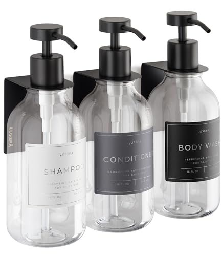 Shower Shampoo Dispenser Wall Mounted – 3 Refillable 16.9 oz Clear Bottles with Stainless Steel Pumps & No-Drill Adhesive Holders – Soap Dispenser Set for Bathroom (3 X Clear/Black) - color: 3 X Clear/Black