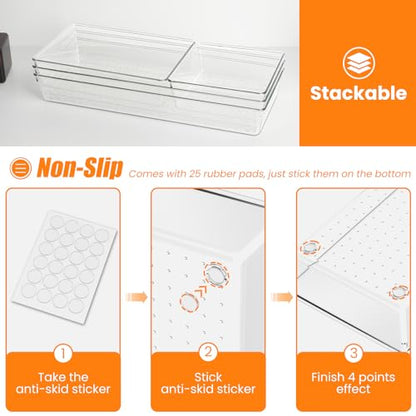 9 Pack Clear Plastic Drawer Organizer Set, Acrylic Non Slip Non Cracking Kitchen Drawer Storage Tray Large Size Divider, Multifunctional Storage for Cosmetics, Bathroom, Tools, Kitchen and Office - size: 9 PACK