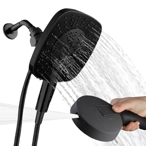 Black Shower Head with Handheld Spray Combo 2 in 1 Rainfall High Pressure with 59" Rotatable Stainless Steel Hose 9 Spray Modes Detachable - color: Black