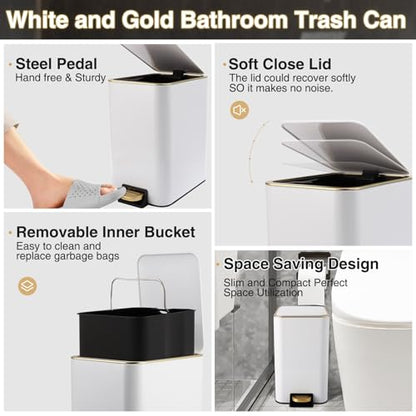 XLHOMO White Bathroom Accessories Set 8 Piece White and Gold Bathroom Set, Bathroom Sets with Stainless Steel Trash Can,Toilet Brush,Toothbrush Set,Soap Dispenser - size: White, style: Bath Set